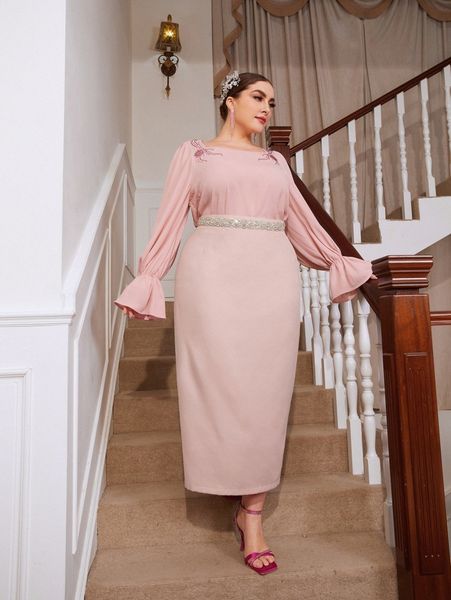 

plus rhinestone detail flounce sleeve & skirt without belt y5ny#, Black