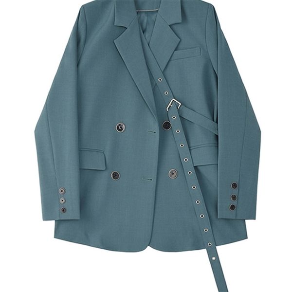 

[eam] women blue button ribbon big size blazer lapel long sleeve loose fit jacket fashion spring autumn 1z705 220402, White;black