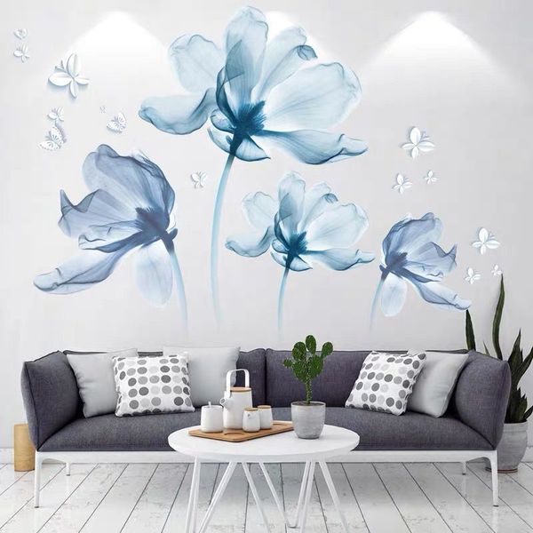 Große 3D -blaue Blumen Wandkleber Schmetterling für Wohnkultur Wohnzimmer Dekoration Wandtattoos DIY Tapeten Kunstplakat