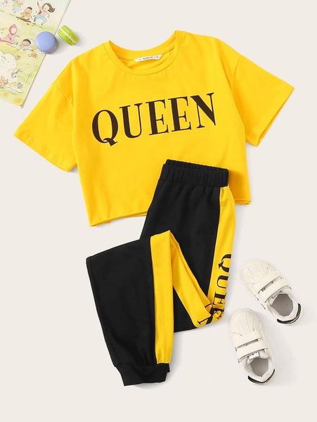 

girls letter graphic & contrast side sweatpants set she, White