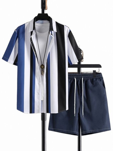 

men striped print shirt with drawstring waist shorts without tee e9pg#, Gray