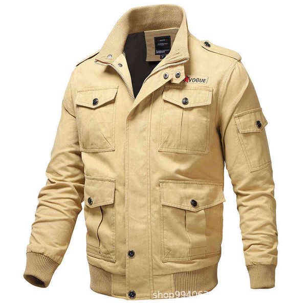 

men's large work jacket multi pocket coat military thin spring and autumn cotton stand collar zipper, Black;brown