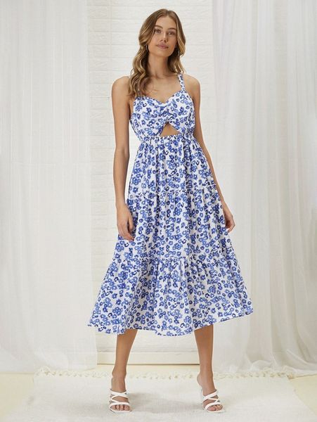 

floral print cut out layered hem cami dress q9ey#, Black;gray