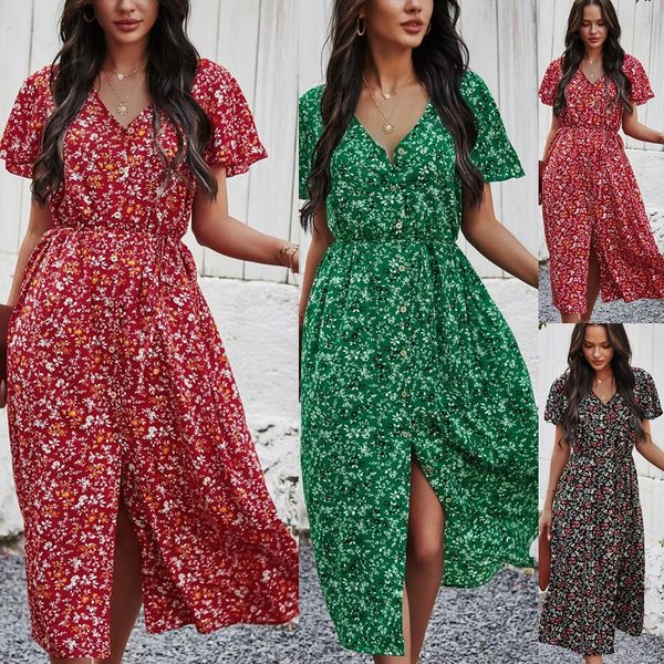 

2022 summer new dress women retro long floral print women slim casual high waist button boho beach, Black;gray