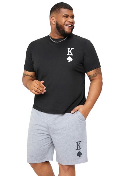 

extended sizes men playing card print tee & shorts d91n#, Gray