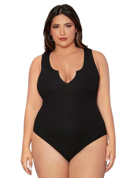 

plus notched neckline bodysuit j9ge#, Black