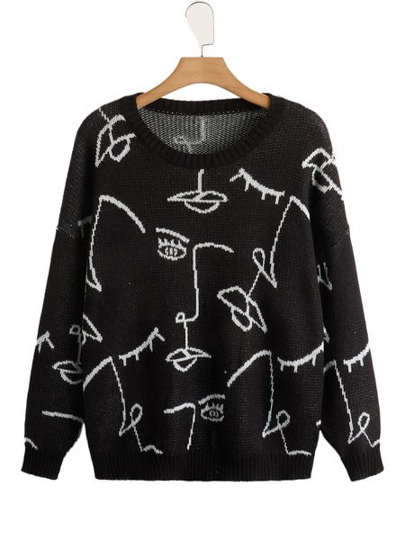 

plus figure pattern drop shoulder sweater r9dz#, Black