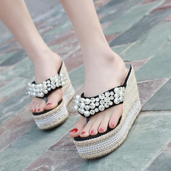

doratasia sweet high wedges flip flop brand fashion beading slippers platform slippers women summer holiday casual shoes woman p86j#, Black