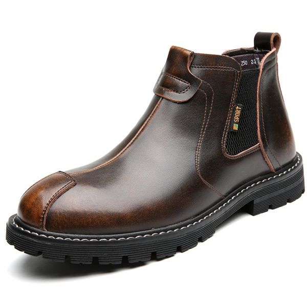 

men retro chelsea boots leather warm casual shoes slip-on male ankle boots outdoor travel all-match motorcycle boots, Black