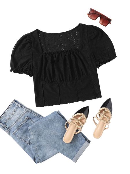 

plus eyelet embroidery frill puff sleeve lettuce trim tee 14yh#, Black