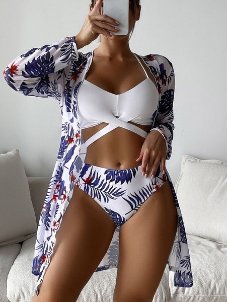 

3pack tropical print wrap bikini swimsuit & kimono u6wy#, White;black