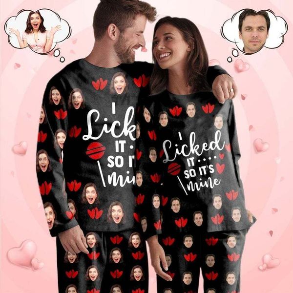 Benutzerdefiniertes Gesicht, ich habe Herzen geleckt, schwarzes Paar-passendes Pyjama-Set, Anzug, Zuhause, einzigartiges Design, personalisierte weiche Geschenke für den Innenbereich 220621