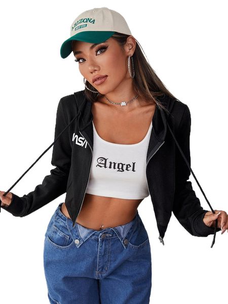 

letter graphic zip up drawstring hoodie i0nh#, Black