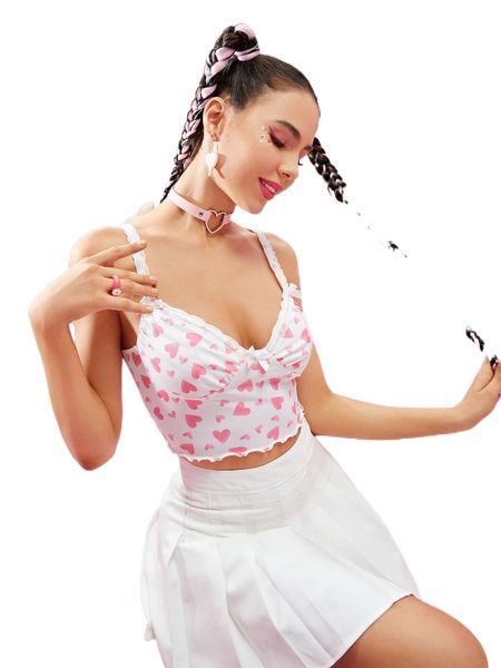 

x viktoriiavkart allover heart print lettuce trim bustier crop cami 14a2#, White