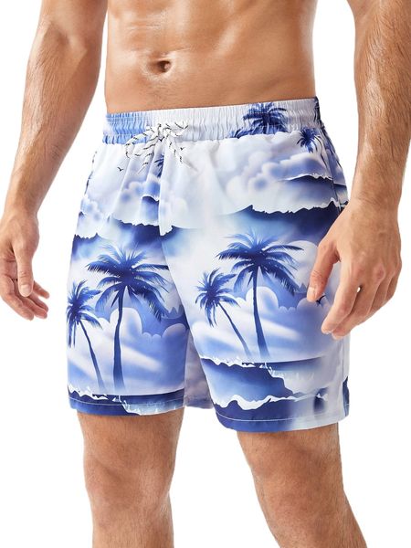 

men random cloud & tropical print drawstring waist swim trunks t4q2#, White;black