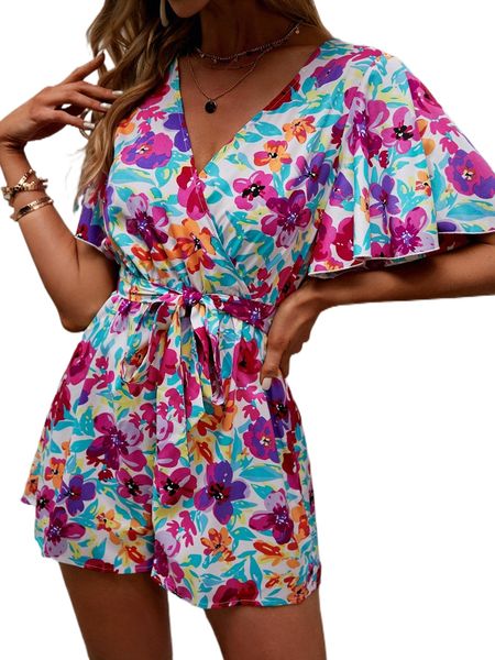 

floral print belted flared sleeve romper i42g#, Black;white
