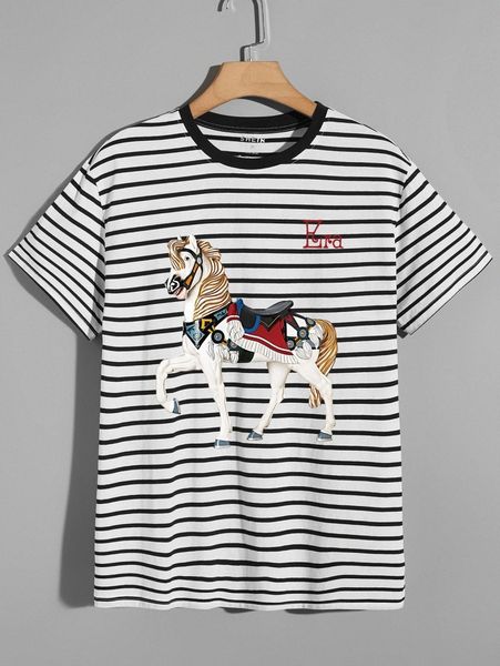 

men striped & horse print tee 874a#, White;black