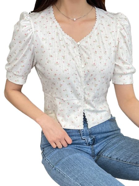

dazy ditsy floral print puff sleeve guipure lace trim tee b2bn#, White