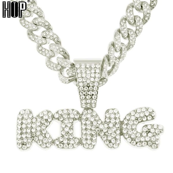 

pendant necklaces hip hop king + 13mm miami cuban link chain iced out full rhinestone necklace men women jewelry personality letter gift, Silver