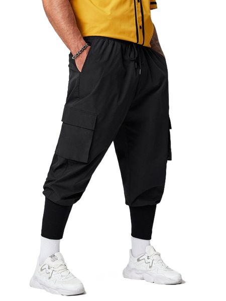 

extended sizes men drawstring waist flap pocket cargo pants 10cn#, Black