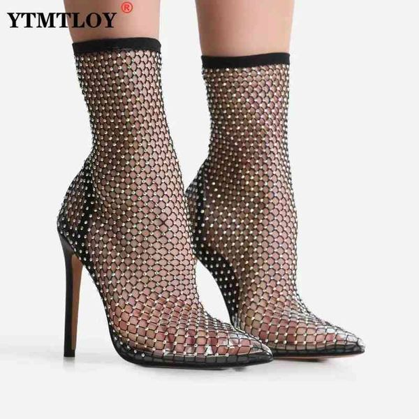 

summer pvc bling rhinestone mesh pointed toe ankle boots stiletto high heels female crystal mesh shoes sandals t220730, Black