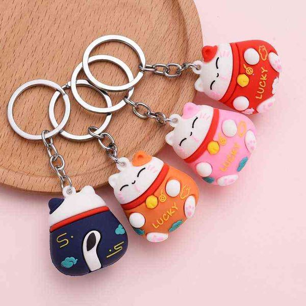 

1pc new cartoon lucky cat keychain women cat car key ring charm bag pendant key chain gift accessories y220725, Silver