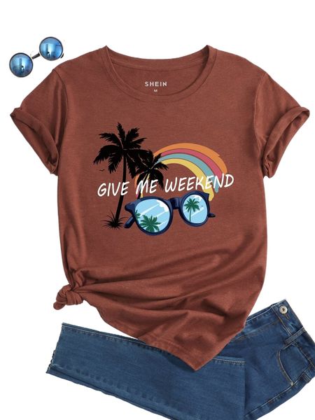 

palm tree & slogan print tee 69ax#, White