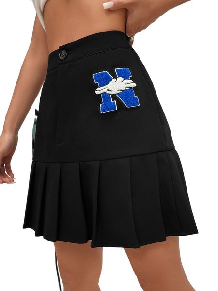 

high waist letter patched pleated skirt l4ol#, Black