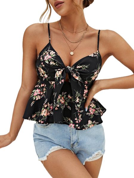 

floral print tie front cami l9ex#, White