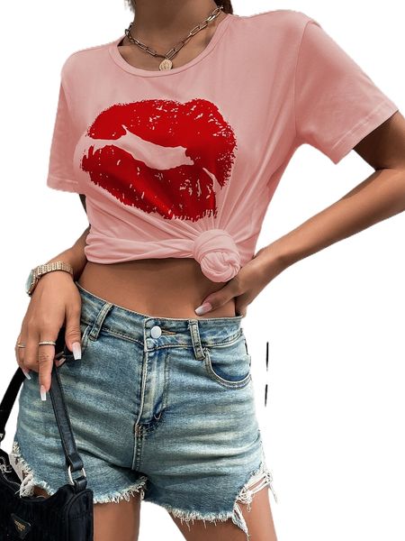 

lip print round neck tee h4dj#, White