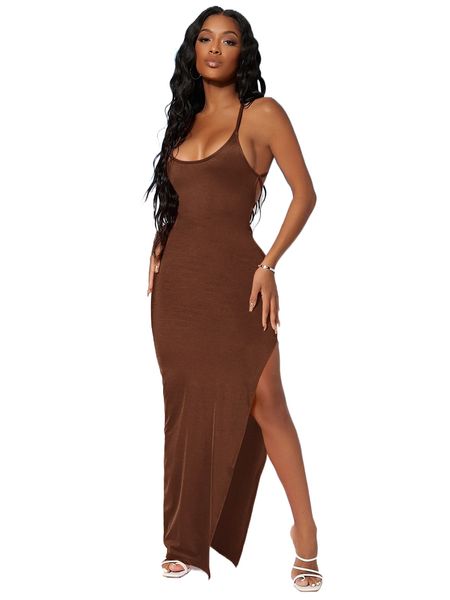 

sxy tied open back high split bodycon dress l5jy#, Black;gray