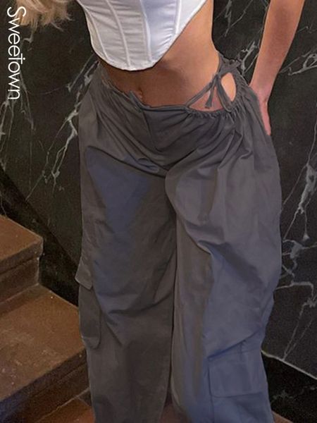 

sweetown cut out low waist bandage hippie joggers women y2k streetwear high street casual baggy cargo pants korean fashion 220813, Black;white