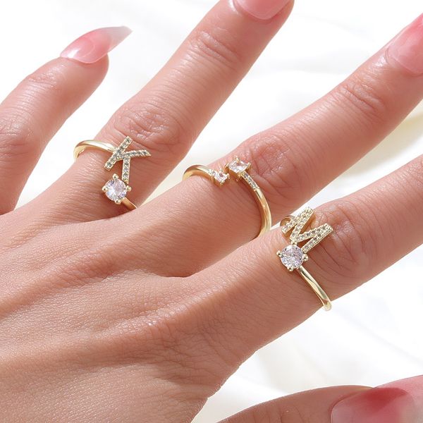 

simple copper knuckle ring geometric letter k zircon m temperament personality open rings for women finger ring bagues femme party jewelry g, Silver
