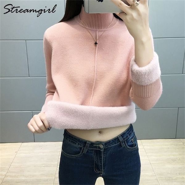 

black turtleneck sweater women winter warm blue thick velvet winter woman sweater knitting pullovers women turtleneck jumper 201128, White;black