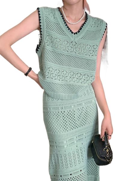 

dazy pointelle knit sweater vest & fringe trim knit skirt m4zc#, White;black