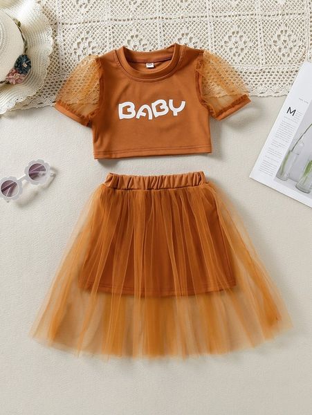 

toddler girls letter graphic dobby mesh puff sleeve & skirt she02, White