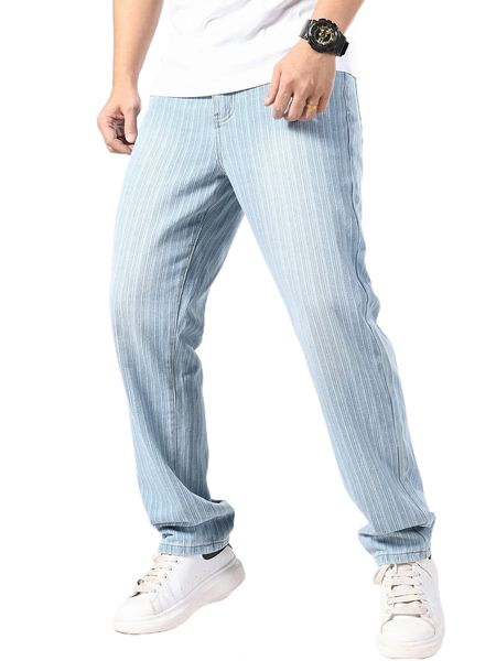 

men striped straight leg jeans a952#, Blue