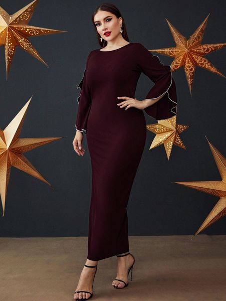

plus contrast binding trumpet sleeve slit back dress n9z4#, Black