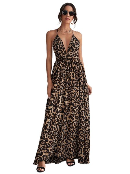 

plunging neck crisscross open back leopard dress o5ax#, Black;gray