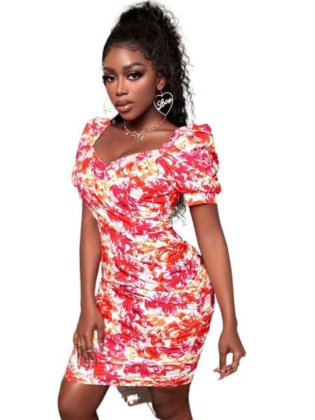 

sxy floral print sweetheart neck puff sleeve ruched bodycon dress k4iq#, Black;gray