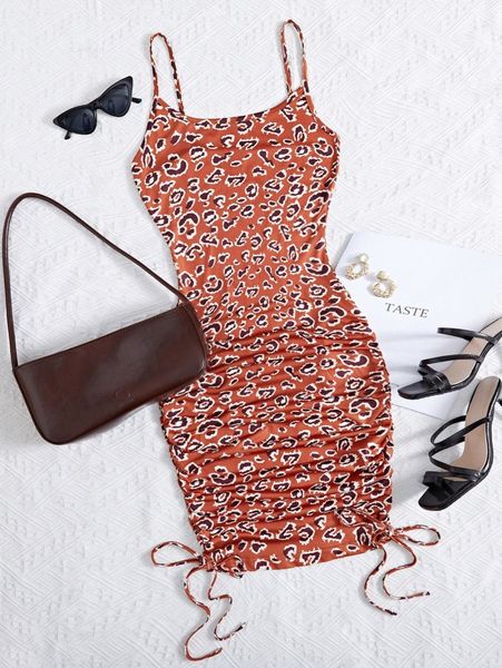 

leopard print ruched drawstring knot bodycon dress e7mn#, Black;gray