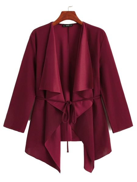 

waterfall collar asymmetrical hem belted coat s7as#, Black