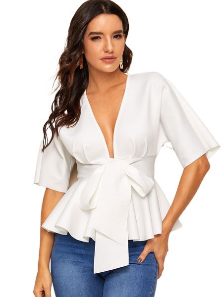 

plunge neck tie waist peplum i1wy#, White