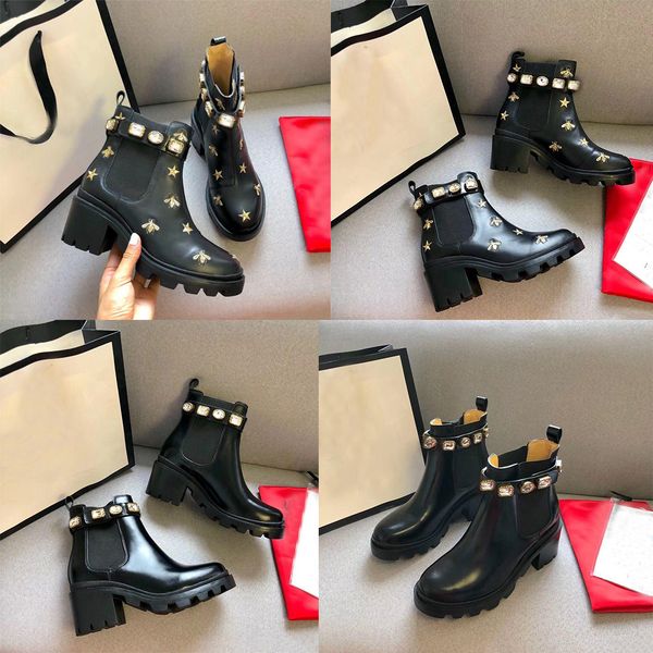 

designer shoe high heeled shoe martin short boots 100% cowhide belt buckle metal women shoes classic thick heels leather fashion diamond lad, Black