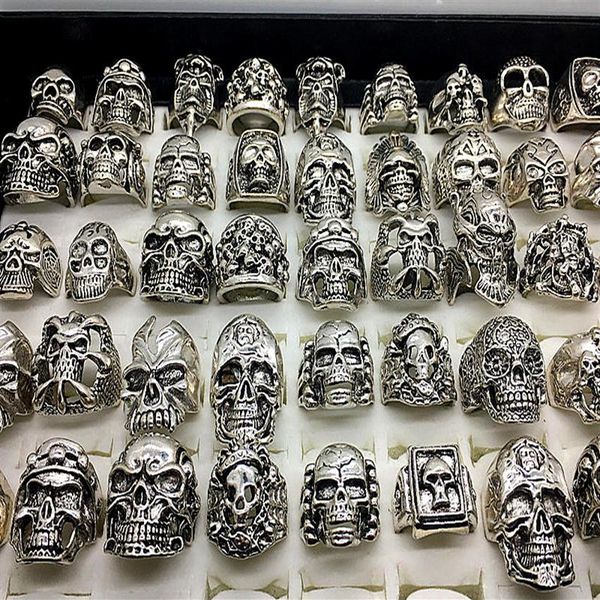 

men's fashion 50pcs lots mix style big size skull carved biker silver plated rings jewelry skeleton ring243q