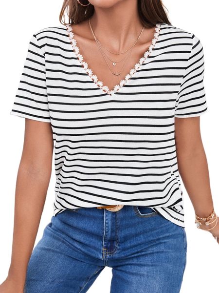 

striped contrast lace tee e2o6#, White