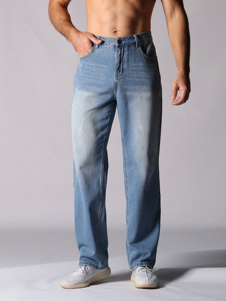 

men cat whisker straight leg jeans 18k0#, Blue