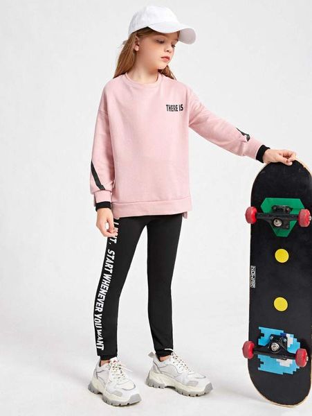 

girls letter graphic drop shoulder pullover & leggings she01, White