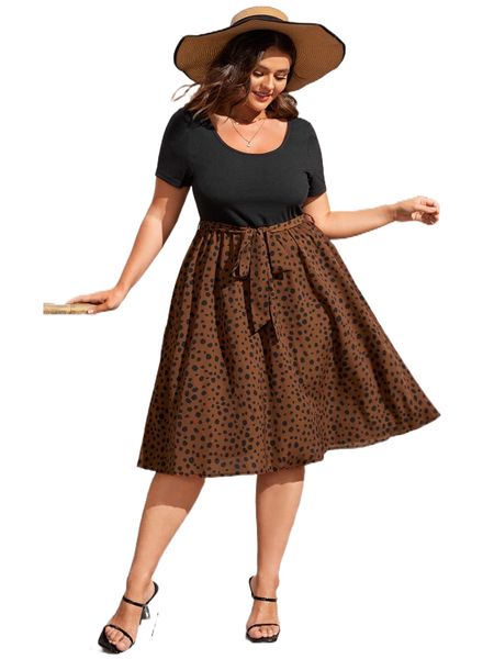 

plus dalmatian print scoop neck belted dress b0y7#, Black