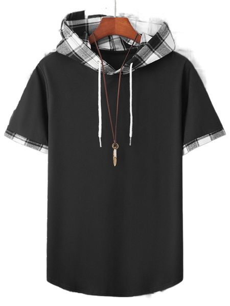 

men plaid drawstring hooded tee t6dh#, White;black